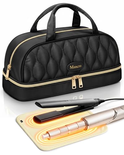 Mancro Carrying Case for Shark FlexStyle, Quilted Hair Tools Travel Bag | with Heat-Resistant Mat, Travel Case for Dyson Airwrap & Shark FlexFusion, Hair Dryer Organizer for Women, Black - color: Gold Black, size: Standard