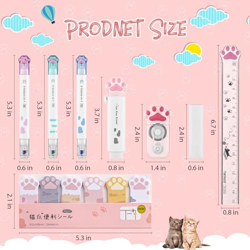 8 Pcs Cute Cat Paw Stationery Set Kawaii School Office Supplies Including Eraser Correction Tape Highlighters Sticky Notes Ruler for Cat Lovers Students (White) - style: Style D (White)
