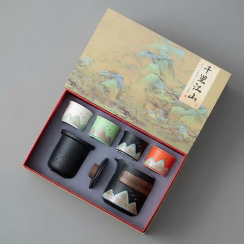 Gongfu Tea Set with Gift Box - Complete Chinese Ceramic Teapot Set with 1 Pot, 4 Color Cups, Tea Tray & Strainer, Elegant Mountain Painting Design for Wedding, Birthday Gift or Office Decor - color: Black Hand-Grip Teapot & 4-Color Teacups