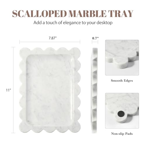 Koville Scalloped Marble Tray, 11"x8" Marble Vanity Tray for Countertop Bathroom Kitchen Dresser, Natural Stone Tray for Jewelry Perfume Home Decor, Decorative Catchall Trays(Bianco Carrara) - color: Bianco Carrara, size: 11" x 7.9" x 0.7"