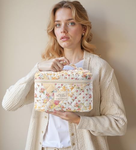 HBselect Quilted Makeup Bag, 3Pcs Cotton Large Travel Makeup Bags Organizer - color: A-3PCS-Floral 37