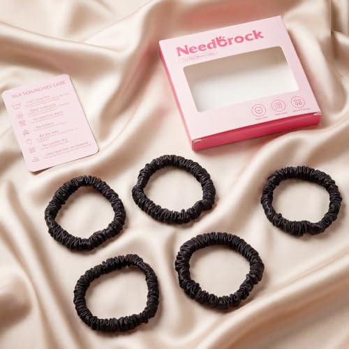 Needbrock Mulberry Silk Hair Ties, Thin Black Scrunchies for Women - color: Black