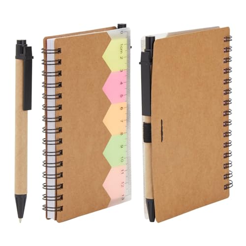 Juvale School Supplies Pocket Notebook & Pen - 4 x 5.5 in, Brown Cover, 6-Pack - Lined Mini Notepad Spiral Journal with Elastic Pen Holder - 65 Tabs & Ruler Sheet