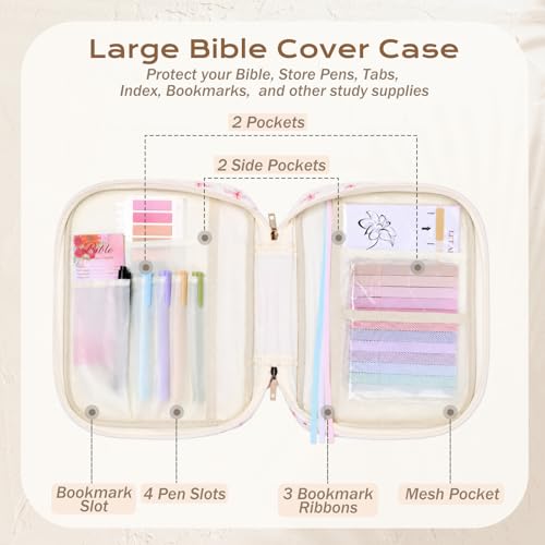 XKDOUS Bible Cover Case for Women Bible Bag Journaling Kit w/Study Supplies - color: Pink Bow Patchwork, size: Large