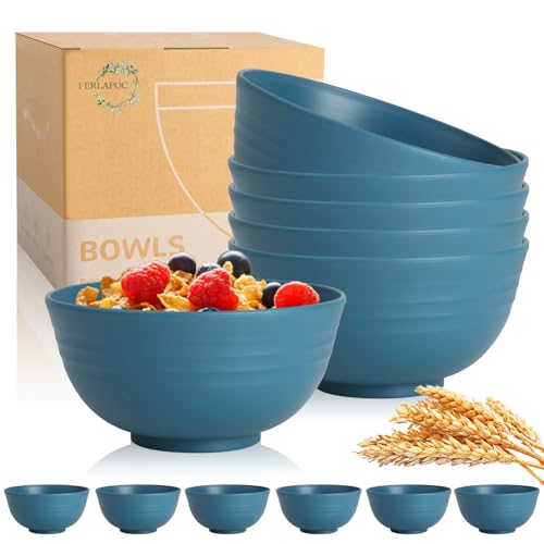 26 OZ Wheat Straw Bowls Set of 6, Reusable Plastic Kitchen Bowls, Unbreakable Bowls Set for Cereal, Salad, Snack, Soup, Ideal for Indoor & Outdoor, Microwave & Dishwasher Safe, Blue - color: Blue, size: 26 OZ