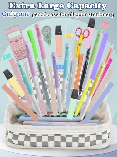 Bigmeta Gingham Expandable Pencil Case for Teens Girls - Light Gray - color: Light Gray