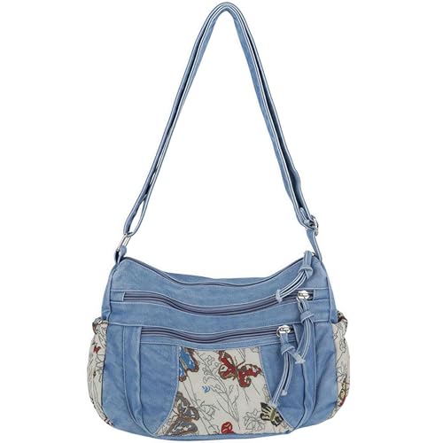 Black Denim Purse Crossbody Bags, Boho Hobo Crossbody Bags for Women, Casual Hippie Travel Purse with Lots of Pockets - color: Light Blue