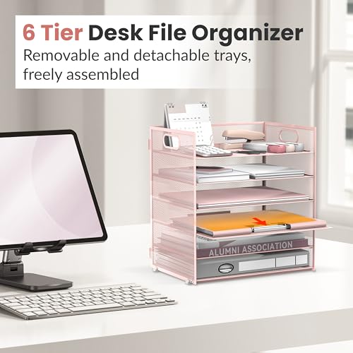 Daltack 6-Tier Paper Organizer for Desk with Handle, Pink - color: Pink
