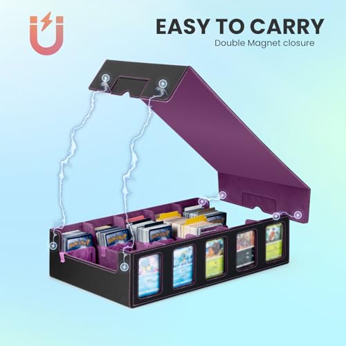 Trading Card Storage Box with Commander Display, 5-Row Deck Case with Removable Lid & Handle, 4000+ Card Organizer with 48 Colorful Dividers & 5 Stoppers for MTG, Black & Purple - color: Black & Purple, size: 4000+, with Handle