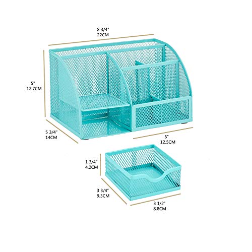Annova Mesh Desk Organizer Office with 7 Compartments + Drawer/Desk Tidy Candy/Pen Holder/Multifunctional Organizer (Turquoise) - color: Turquoise