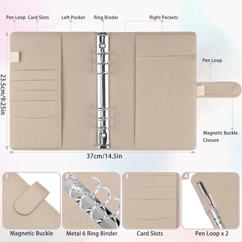 Antner A5 Binder 6 Ring Refillable Notebook Budget Planner Cover for Cash Organizer, PU Leather Loose Leaf Kpop Photocard Holder Small Binder for A5 Planner Inserts with Magnetic Buckle, Glitter Gold - color: Glitter Gold