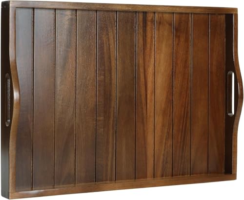 Large Acacia Wooden Serving Tray with Handles 20 x 14 inch Decorative Coffee Table Ottoman Tray for Living Room Extra Large for Kitchen Dinner Food Bar Breakfast in Bed (Dark Brown) - color: Dark Brown