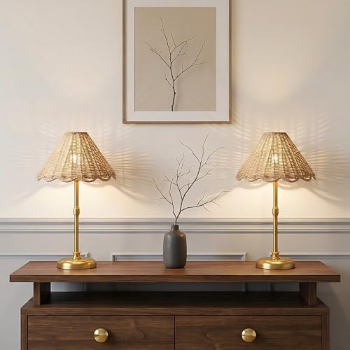 Cordless Boho Rattan Table lamp, 5200-mAh Rechargeable Battery, 3-level Brightness Dimmable, Build-in Integrated LED 320 Lumen Max, Rattan Shade, for Bedside Restaurant Resort Hotel Dining Table - color: 16'' Tall Gold
