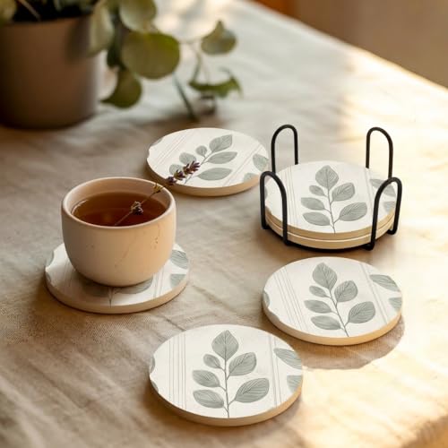 VEYRO Ceramic Coasters Set of 6 or 4 – Absorbent Stone Drink Coasters with Holder, Non-Slip Cork Backing, Modern Marble Look Coasters for Coffee Table, Desk & Home Decor (Leaves 4, Set of 4) - color: Leaves 4, size: Set of 4