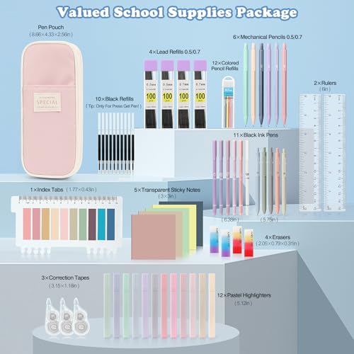 MoKo Pencil Case with Supplies, 60Pcs Aesthetic School Set, Pink - color: Pink-60P