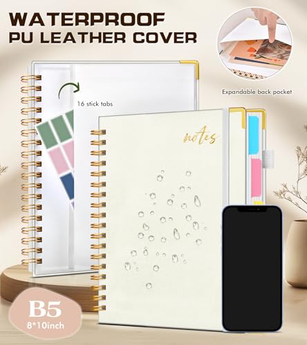 5 Subject Spiral Notebook Journal with Removable Dividers Tabs, 300 Pages Organizer Notebooks for Work School, 8"x10" Hardcover Leather Notebook College Ruled, Large Lined Journal for Women Men,White - color: White, size: B5