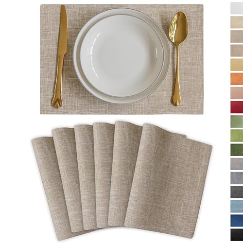 Demetex Burlap Place Mats Set of 6 Heat Resistant Linen Placemats Decorative Wipeable Fabric Table Mats for Dining Kitchen Tables, Burlap - color: Burlap, size: Placemats set of 6