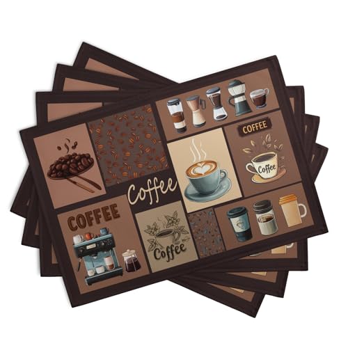 Coffee Theme Placemats Set of 4 Farmhouse Style Brown Linen Fabric Table Mat 12x18 Inch Washable Heat Resistant Non-Slip Place Mats for Home Party Kitchen Dining Decor - color: Coffee Theme