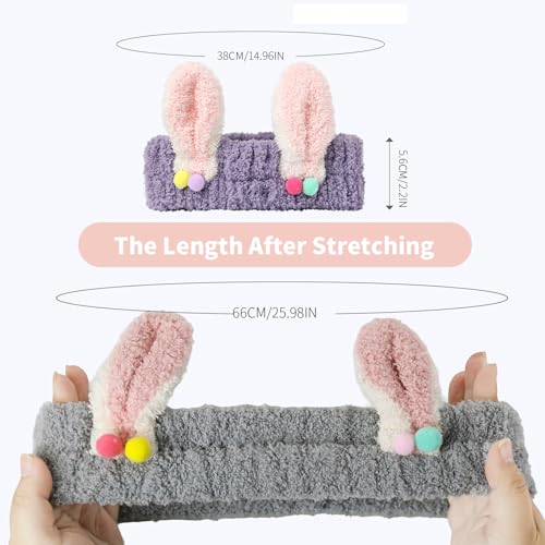 PERFECTSIGHT Kawaii Headband for Spa, Makeup, Washing Face, Party - 2 Pack Cute Hair Band for Shower Beauty Skincare, Soft Facial Headbands for Girls and Women (Purple+Gray Rabbit Ear) - color: Purple+Gray Rabbit Ear