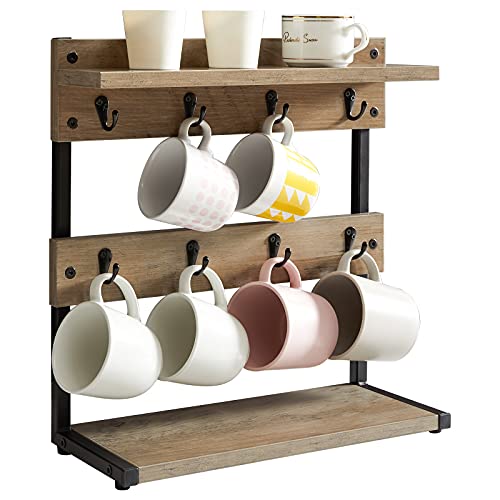 IBUYKE Countertop Mug Tree,Coffee Mug Cup Holder,Greige TBJ002Y - color: Greige, size: with shelf(8 Mugs)