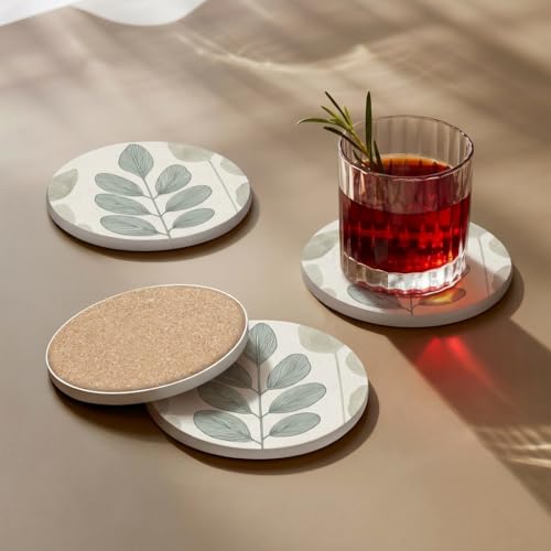 VEYRO Ceramic Coasters Set of 6 or 4 – Absorbent Stone Drink Coasters with Holder, Non-Slip Cork Backing, Modern Marble Look Coasters for Coffee Table, Desk & Home Decor (Leaves 5, Set of 6) - color: Leaves 5, size: Set of 6
