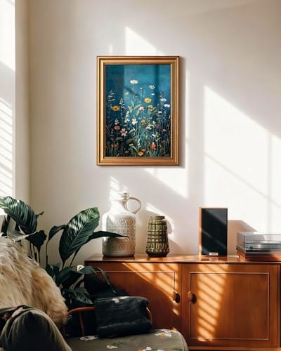 HUARCEY Gold Framed Canvas Wall Art Wildflowers Vintage Decor, 12x16 Inch - color: Blue Wildflowers, size: 16"L x 12"W