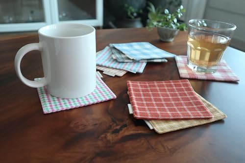 RUTH&BOAZ Plaid, Embroidery 100% Cotton Fabric Coasters for Drinks and Home Dinners/Set of 6/4" Square (Block RED) - color: Block Red
