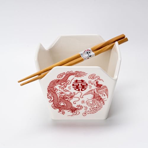 Urban Tokyo Chinese Takeout Box Style Porcelain Bowl With Chopsticks 18 fl oz Square Shape Rice Noodles Pasta To Go Box Shaped Bowl Microwave Dishwasher Safe (Phoenix & Dragon) - color: Phoenix & Dragon