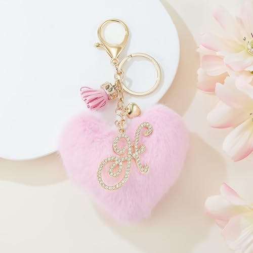 Initial Letter Heart Pom Pom Keychain for Women Pink Soft Fluffy Ball Key Ring for Purse Backpack Handbag - color: H