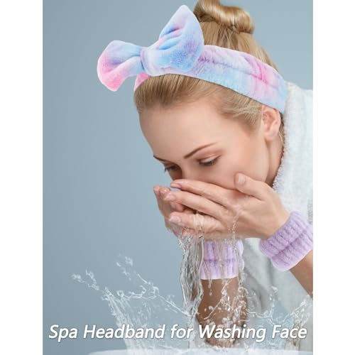 VELSCRUN Spa Headbands for Wash Face, Makeup Headband, Facial Skincare Headbands, 5 Pcs Purple Colourful Puffy Sponge Spa Headband Bow Tie Hair Band Hair Clips Wristband Set Women Girls Accessories - color: Purple Colourful