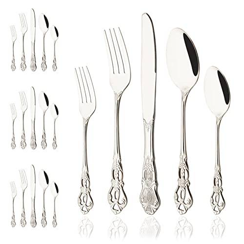 Elegant Silverware Set for 4-20Pcs Stainless Steel Flatware Cutlery Set - Fancy Eating Utensils for Home Kitchen Restaurant - Shiny Silver Metal Knives Spoons Forks - Mirror Finish - size: 20pcs service for 4