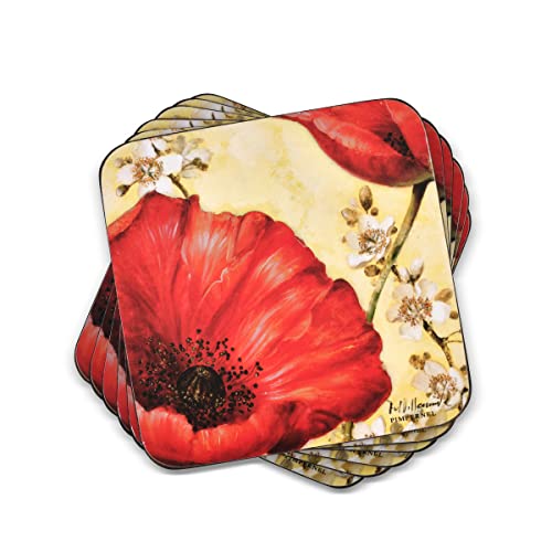 Pimpernel Red Poppy Blossoms Coasters, Set of 4 (4" x 4") – Cork-Backed Board with Bright Floral Artwork, Heat & Stain Resistant Drink Mats for Dining, Coffee Tables & Home Decoration - size: 4" x 4" Square, style: Poppy de Villeneuve
