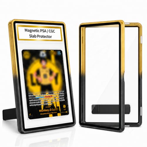 Magnetic PSA/CGC Slab Protector with Foldable Kickstand - UV Protection Tempered Glass & Aluminum Metal Bumper for 35PT PSA CGC CSG AGS, 9-Point Secure Lock Display Guard & Clear View (Black/Gold) - color: Black/Gold, size: PSA Card Case