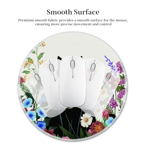 Hancynir Black Cat Floral Round Mouse Pad, Small Mousepad for Office Desk - color: Floral Cat White
