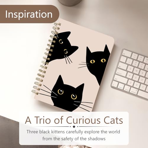 Cute Spiral Notebook Journal A5 6x9 Note Book with Pocket, BlackCat - color: Three Cat