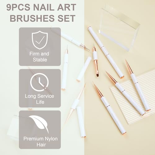 KEMEISI Nail Art Brush Set, 9PCS Double-Ended Acrylic Liner Brush Dotting Pen for Gel Polish, Nail Design Tools for Professional Manicure DIY Home Salon - color: White
