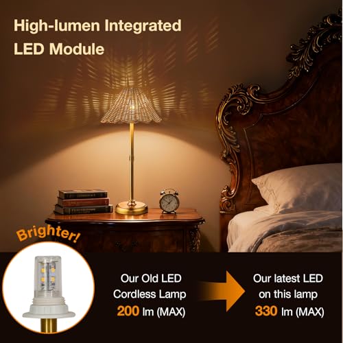 20.5'' Tall Cordless Boho Rattan Table lamp, 5200-mAh Rechargeable Battery, 3-Level Brightness Dimmable, Build-in LED 320 Lumen Max, for Bedside Restaurant Resort Hotel Dining Table - color: 20.5'' Tall Gold