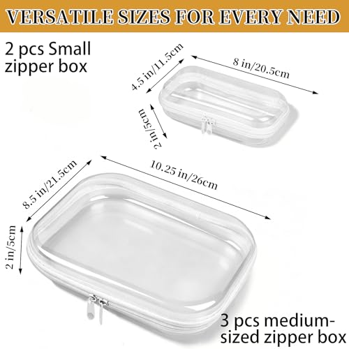 5-Pack Clear Hard Shell Zipper Case With Lids – 3 Large and 2 Small Clear Pencil Case, Stackable,Zipper Pouches Hard Shell for Cosmetics, Charging Cables, Sketch Supplies