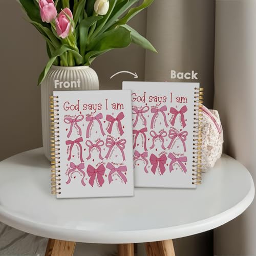 Bible Journal for Women, Christian Prayer Journal Pink Notebook Gifts for Teen Girls Kids, Bible Study Supplies, Coquette Preppy Bows Cute Church Faith Journaling Hardcover Spiral Notebook 5.5x8.3 - color: Pink Bow - God says I am - 1