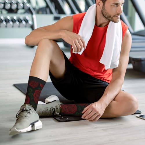 Crew Athletic Socks Funny Crazy Casual Sports Novelty Dress Socks for Women Men Running Hiking - color: Red Rose Flower