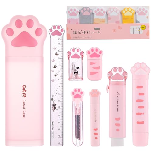 9 Pcs Cute Cat Paw Stationery Set Kawaii School Supplies Including Pencil Sharpener Retractable Eraser Correction Tape Sticky Notes Ruler Mini Scissors Utility Knife for Cat Lovers Students (Pink) - style: Style B(Pink)