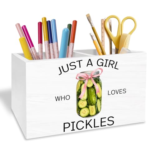 Coquette Pink Bow Pickle Pen Holder for Desk, Pickle Lovers Themed Gifts Pencil Organizer, Just a Girl Who Loves Pickles Wooden Box Sign Desk Decor for Home Office Decoration - color: PICKLES