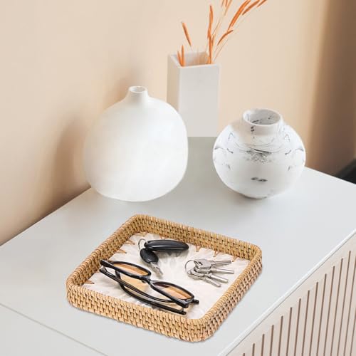 Small Wicker Tray, Handwoven Rattan Key Basket for Entryway Table - color: White, size: 8.3" x 8.3" x 1.6"