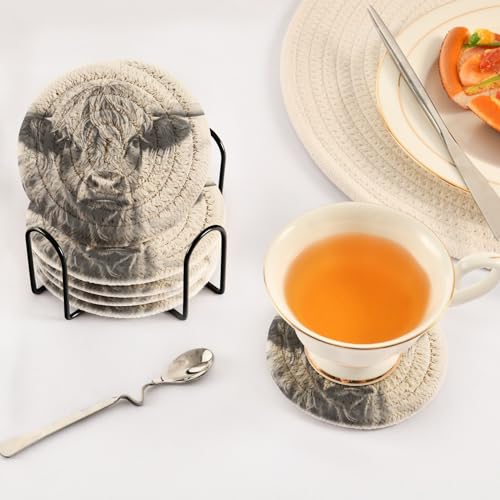 Vintage Highland Cow Drink Coasters Set - 6 Pcs Minimalist Woven Coasters with Holder for Home Decor, 3.94 Inch Absorbent Coasters for Drinks - color: A04