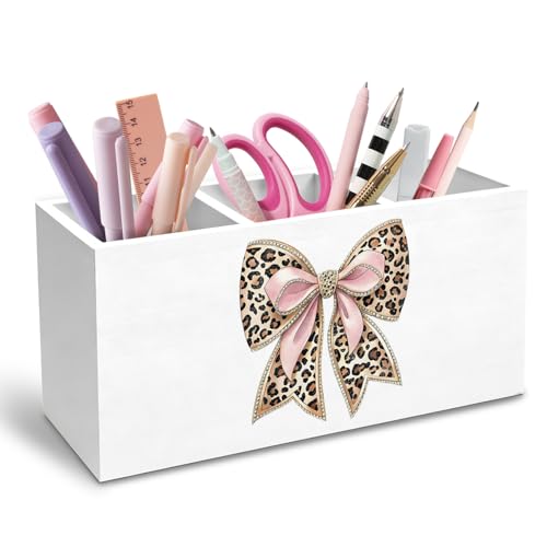 Coquette Pink Leopard Bow Pen Holder for Desk, Preppy Girly Pencil Organizer, Trendy Cheetah Print Bow Wooden Box Sign Desk Decor for Girls Bedroom Dorm Home Office Decoration - color: Leopard Bow