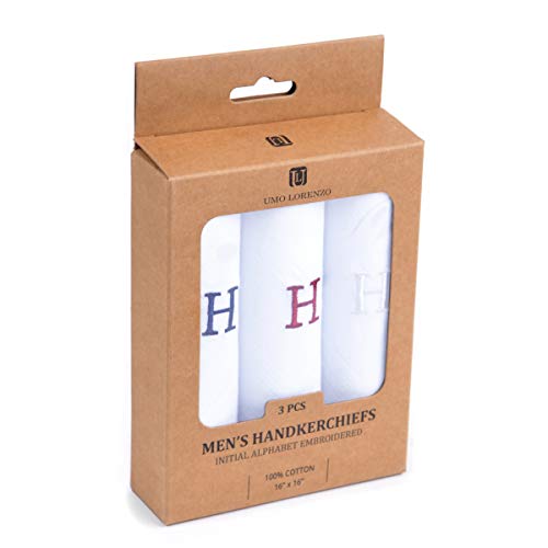Initial Handkerchief for Men, Monogrammed Boxed 3 Piece Set,100% Cotton - color: H Initial