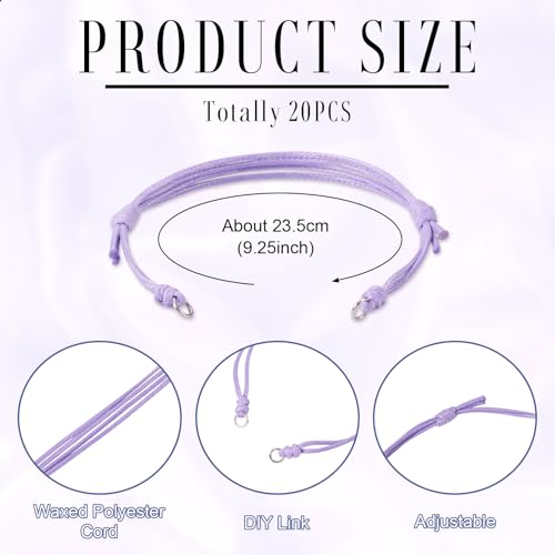20Pcs Lilac Adjustable Braided Cord Colorful Waxed Thread Half Finished Bracelet with Jump Rings for Wrist DIY Women Jewelry Making Friendship Fashion Bangle Accessory - color: Lilac