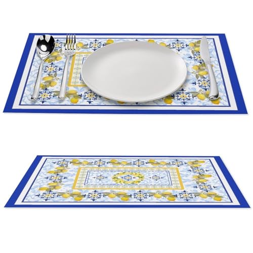 Lemon Placemats Set of 4, 12x18 Inch Yellow and Blue Mediterranean Summer Fruit Italian Tiles Seasonal Heat Resistant Table Mats for Dining Kitchen Birthday Party Holiday Decor - color: Lemon06, size: 4pcs