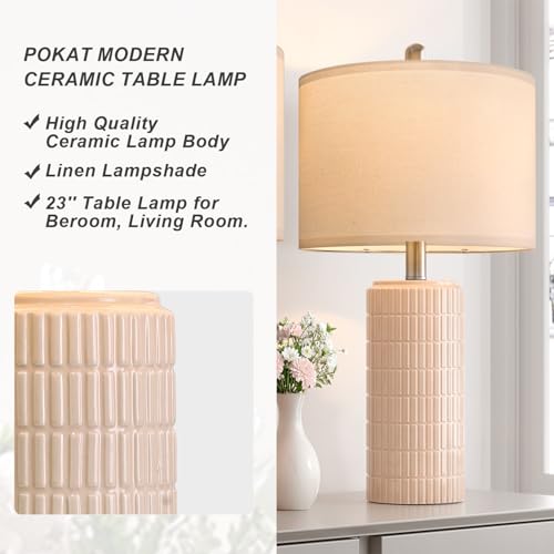PoKat 23" Pink Ceramic Table Lamps Set of 2, Modern Bedroom Lamps for Girls Room, Bedside Lamps for Night Stands, Cute Lamps for Living Room Decor, Nightstands Desk Lamp, Pink - color: Pink