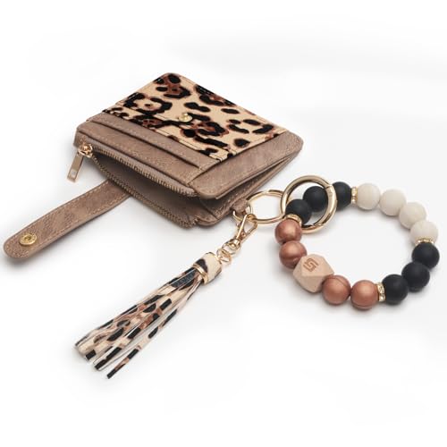 COOLANS Silicone Bracelet Wristlet Wallet Credit Card Holder RFID ID Window Key Ring Tassel Slim Wallet Women Keychain Purse - color: Brown Leopard